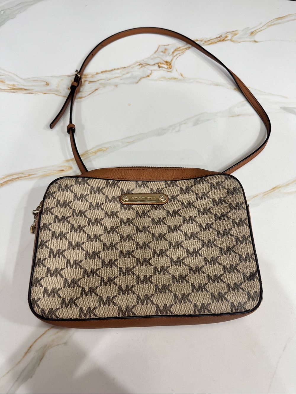 Michael Kors Cream and Brown MK Monogram Crossbody with Gold Plaque